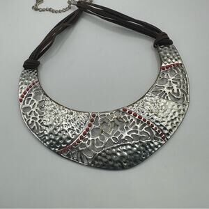 Boho Chic Necklace Metal bib necklace Coasal Cowgirl Eathtones Brown Cord